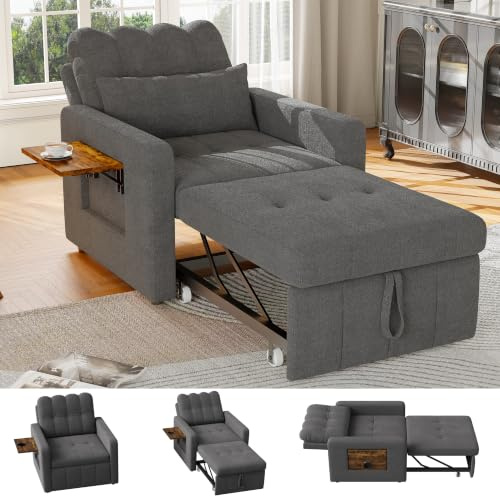 FUCMKON Schlafsofa Klein 3 in 1,Schlafsessel,Schrankbett,Sessel mit Schlaffunktion,Schlaferstuhl mit Bettfunktion,Ausziehbares Sofa Bett mit klappbaren Teetischen,Kleinen Raum (Schwarz H, 190x70cm)