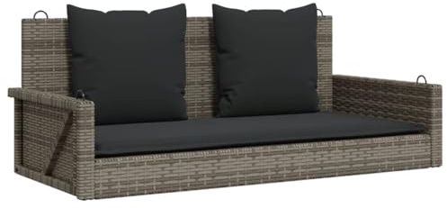Foknhdi Hängebank Grau 119x56x48 cm Poly Rattan Hollywoodschaukel mit dicken Kissen für Balkon Garten Terrasse Modernes Design Robust und Langlebig