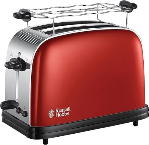 Russell Hobbs Tostadora Colours Plus - 2 Ranuras Cortas y Anchas para 2 Rebanadas, Bandeja Recogemigas, Calientapanecillos, Función Cancelar y Descongelar, Acero Inoxidable, Rojo - 23330-56