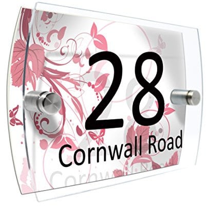 Personalised House Number Sign Printed Plaque Garden Glass Effect Acrylic Sign Door Plate Marble Wall Display 2 Part Branded Acrylic (Floral pattern pink)