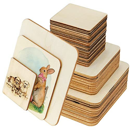 Meetory Unbehandelte Holz 42 Stück, Untersetzer Holz Quadrate, Holzscheiben zum Basteln Holzbrett Basteln für DIY Handwerk, Pyrographie Kunst, Laser Gravur, Schnitzen, Malen (10 cm, 8 cm, 5 cm)