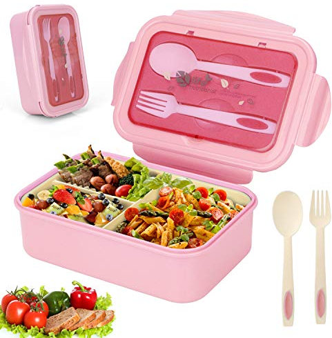 Sinwind Lunch Box, Bento Box, Boite Bento, Boîte Bento1400 ML avec 3 Compartiments et Couverts (Rose)