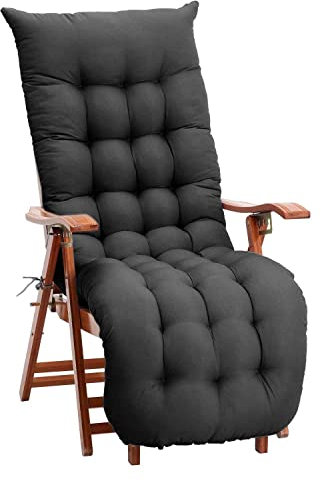 DKIEI Thicken Sun Lounge Cushion Recliner Chair Cushion Rocking Chair Cushion with Anti-slip Hood & Straps for Outdoor Garden Indoor Only Cushion, Black, 160x50x8cm