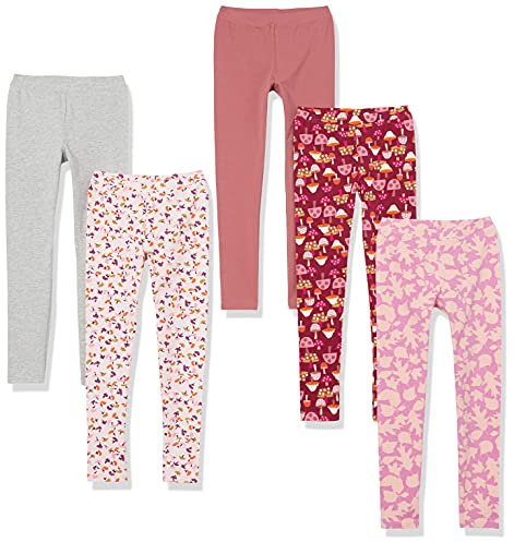 Amazon Essentials Legging Fille, Lot de 5, Gris/Rose Clair Fleuri/Rose Imprimé Feuilles/Rosé Foncé/Rouge Champignon, 8 Ans