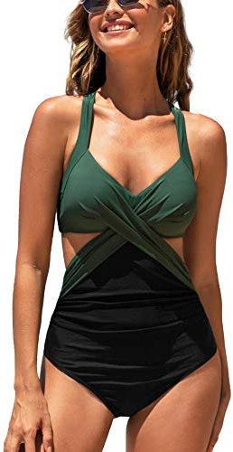 CUPSHE Damen Badeanzug Wickel Push Up Bademode Raffung Bauchweg Cut Out Einteilige Strandmode Swimsuit Grün/Schwarz S