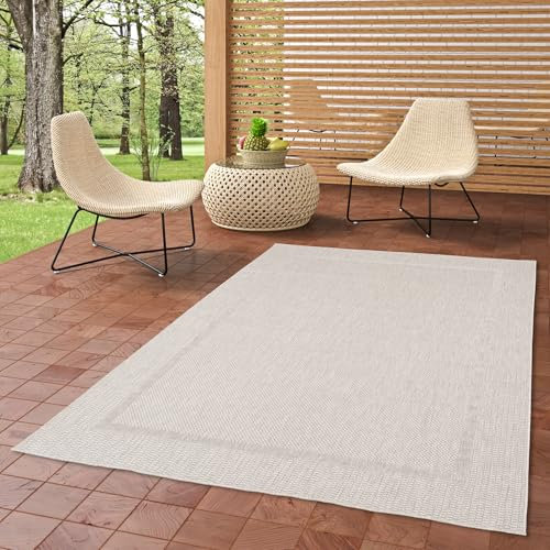 In & Outdoor Flachgewebe Sisaloptik Natur, Terrasse und Balkon Teppich Valencia Silber Bordüre in 5 Größen