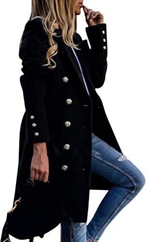 Onsoyours Veste en Laine Femme Revers Trench Coupe-Vent Manteau Long Parka Blouson Élégant À Manches Longues Couleur Unie Cardigan Coupe Ajustée Blazer Outwear Coat B Noir XXL