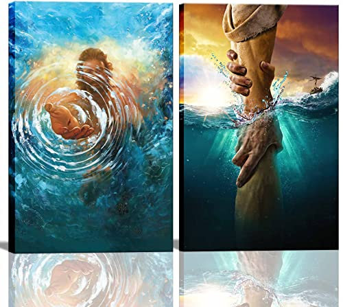 jesus wall art The Hand of God Jesus Reaching In Water Christus Religion Canvas Wall Decor Blue Ocean Bible Pictures Posters Prints Paintings for Living Room Bedroom Church Decorations Ready to Hang