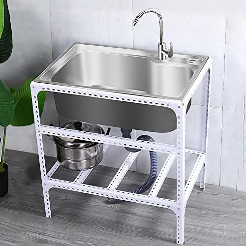 SOLDAX Plan De Travail INOX Evier, évier de Jardin,Evier Professionnel, Plonge sur Pied à Evier en Inoxydable, avec Etagère de Inférieure et Robinet, Sink Épaissir, Evier pour Garage