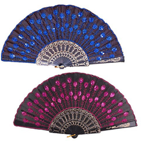 Morices 2 Pcs Sequin Folding Fans, Elegant Embroidered Flower Peacock Pattern Handheld Fan, Decorative Hand Fans for Dancing Wedding Party Favors Gift Wall Hanging Decoration (Dark Blue + Rose Red)