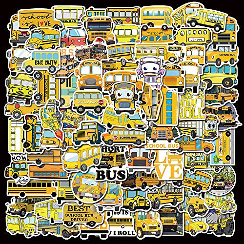 100 Stück Schulbus Aufkleber, Niedliche Cartoon Gelbe Transport Aufkleber Packs für Studenten, Teenager, Kinder, Vinyl Wasserdicht Schöne Abziehbilder für Wasserflasche, Reisetasche, Laptop, iPad