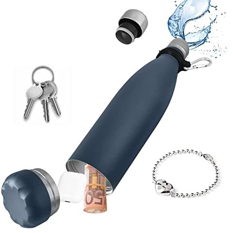 Bottiglia d'acqua Sicura con Scomparto Nascosto Segreto Contenitore in Acciaio Inox per Denaro Contante Portachiavi Chiave Auto, Fondo Svita per Riporre i Tuoi Oggetti di Valore 730ML Blu Navy