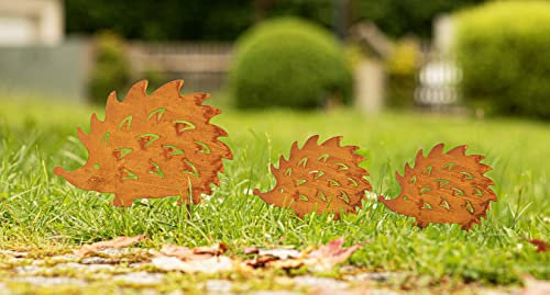 Dekoleidenschaft 3X Gartenstecker Igel aus Metall in Rost-Optik, Outdoor Dekostecker, Garten-Deko Igelfamilie, Dekofiguren-Set für Draußen