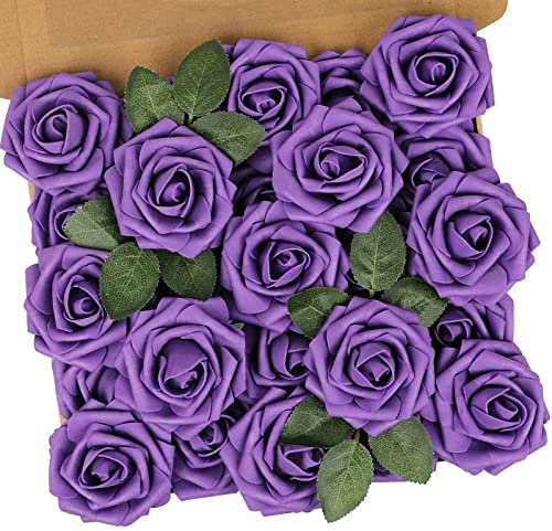 N&T NIETING Künstliche Blumen Rosen, 25 Stück Deko Blumen Fake Rosen mit Stielen DIY Brautjungfer Brautsträuße, Valentinstag, Muttertag, Hochzeitsfeier, Babyparty, Zuhause Dekoration, Dunkellila