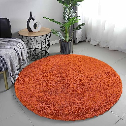 Aspire Homeware Round Rugs Living Room - Rust Area Rugs for Bedroom (120x120cm) Anti Slip - Modern Super Soft Thick Pile Small Fluffy Shaggy Rug Non Shedding