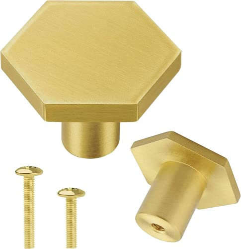 Vandicka 4 Pcs Brushed Brass Knobs and Screws - Gold Cabinet Door Knobs & Drawer Pulls – Hexagon Brass Handles for Kitchen Cupboard Dresser Wardrobe, 35 * 21 mm