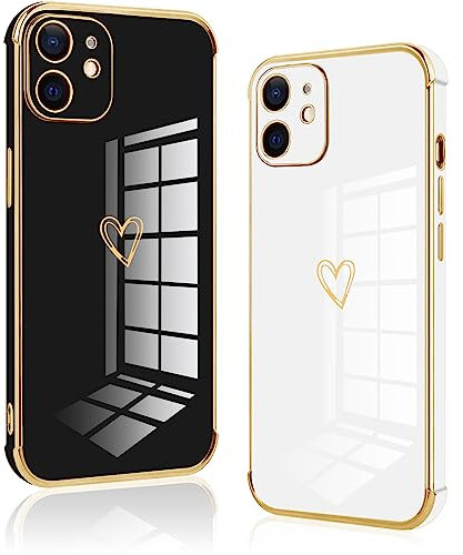 Vauki 2 Stück für iPhone 12 Hülle, Silikon Handyhülle Herz Motiv Schutzhülle Kameraschutz Stoßfest Bumper Case für iPhone 12 - Schwarz und Lila