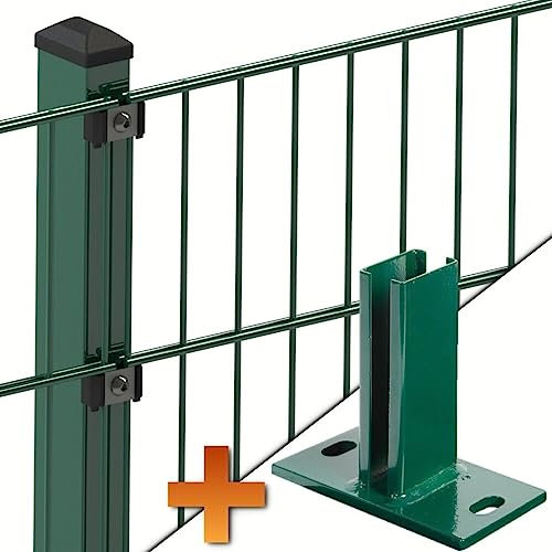auf-mass24 Doppelstabmattenzaun 6/5/6 mit Fussplatten RAL6005 Moosgrün Länge und Höhe wählbar Doppel-Stab Matten Zaun Draht Gitterzaun Metallzaun (15, 0.83)