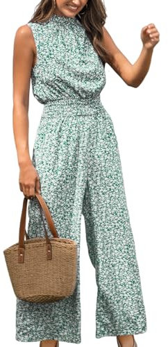 CUPSHE Combinaison longue sans manches à col montant et imprimé floral pour femme, Motif floral vert, S