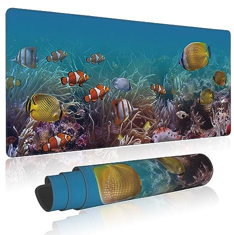Großes Mauspad, bunte Unterwasserwelt, exotische Fische, erweitertes Gaming-Mauspad, rutschfeste Schreibtischunterlage mit genähtem Rand, Laptop-Computer-Tastatur, Mauspad für Büro und Zuhause, 90 x