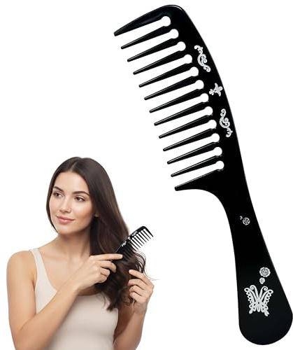 Premium Wide Tooth Hair Comb for Wet and Dry Hair, Detangling Comb with Handle for Smooth Styling and Gentle Glide, Durable Black Comb with Elegant Butterfly Design for Unisex