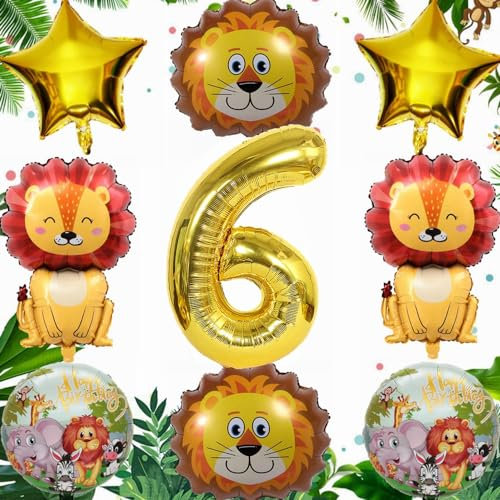 Yunchu Online 6. Geburtstag Dschungel Dekoration: Löwe Luftballon Set mit 10 Stück, Gold, Ballons, Dschungel Tiere, 6. Geburtstag Dekoration für Kinder, Unisex-Kinder