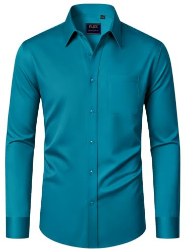 J.VER Herrenhemden Langarm Bügelfrei Türkis Stretch Männer Hemden Comfort Fit Businesshemd Einfarbig Hochzeit Outfit Herren,M