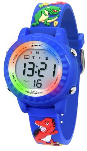 HMJIA 3D Cartoon Design Armbanduhr für Kinder Jungen und Mädchen 3ATM Wasserdicht Kinderuhr mit Wecker/Datum/Stoppuhr/LED (LED Blaue Dino)