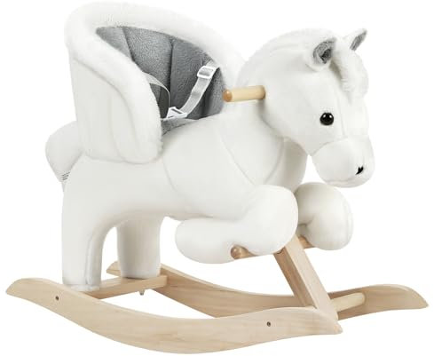 WOLTU Caballito Balancín para Bebés Caballo Mecedora de Madera con Sonidos Caballito Juguete Infantil para Niños de 18 a 36 Meses Caballo Juguete Peluche con Asas, Blanco y Gris