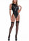 ROSVAJFY Lederbody mit Strümpfen Damen Wetlook Dessous Set Ärmellos High Cut Lackleder Reizwäsche Bodysuit mit Strapse Reißverschluss Clubwear Sexy Cosplay Kostüm(Schwarz)