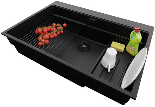 PRIMAGRAN Fregadero Cocina Todo Negro 78x53cm, Granito 1 Seno + Sifón + Accesorios, Sobre encimera al mueble 80cm - Oslo Max