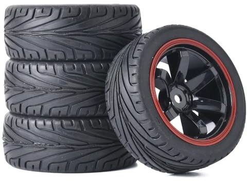 RC Auto Reifen und Räder Set,KINGCOO 4Stück 65mm Gummireifen und Kunststoff Räder 6 Speichen Felgen 12mm Hex für 1/10 RC On-Road Touring Racing Auto für HSP HPI Kyosho Tamiya (Schwarz/Rot)