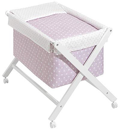 Danielstore Minicuna Plegable | 90x55x72 cm, Madera lacada, colchón Incluido | Ruedas con Freno, Textil algodón, fácil Montaje | Confort y Seguridad para bebé(Estrella Rosa)