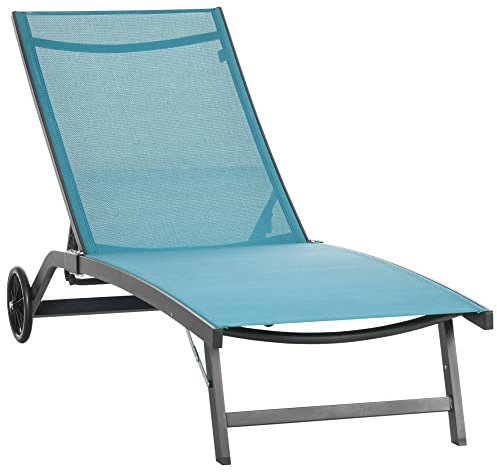 Outsunny Lettino Prendisole con Schienale Reclinabile su 5 Livelli, Lettino da Giardino in Alluminio e Tessuto Traspirante, 66x165x102 cm, Blu e Nero