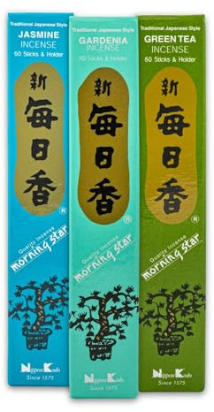 3 x Nippon Kodo Morning Star Japanische Räucherstäbchen Set mit Halter | 3x50 Sticks (Jasmin, Gardenie, Grüner Tee) | Natürliche Düfte für Meditation und Yoga
