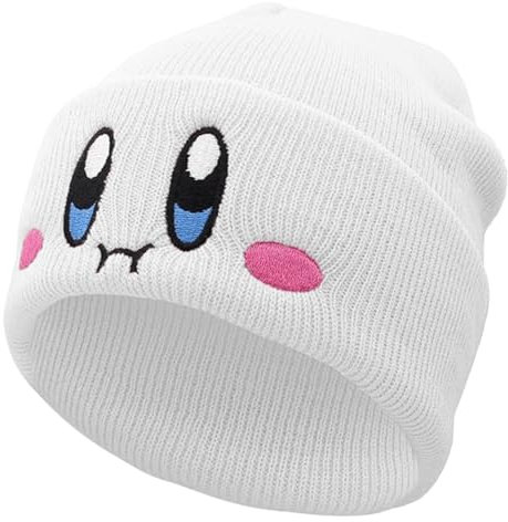 JILANI Handicraft Kid-by Beanie Niedliche Anime-Mütze, Kawaii-Zubehör, Beanie, Slouchy Besticktes Gesicht, Strickmützen für Erwachsene, Weiss/opulenter Garten, Einheitsgröße-M