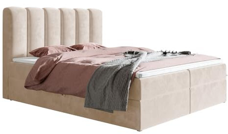 Emporius Boxspringbett 160x200 cm Rimini - Doppelbett 160 x 200, Topper, Bettkasten, Bonell-Matratze - Velvet Beige (Amor Velvet 4304)