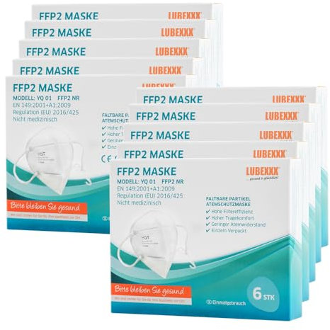 LUBEXXX FFP2 Maske (60 Stück) Atemschutzmaske Staubschutzmasken hygienisch einzelverpackt CE Stelle zertifiziert Mundschutzmaske EU 2016/425 (60 Stück) MHD30.08.2025