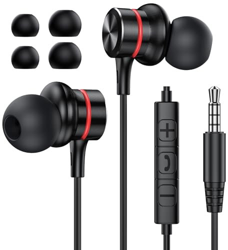 MOSWAG Auricolari Cablati, Auricolari Cablati Neri da 3,5 mm con Microfono, Auricolari In Ear con Cancellazione Del Rumore Compatibili con Telefoni Cellulari, PC Desktop, MP3s, MP4s (1PACK)