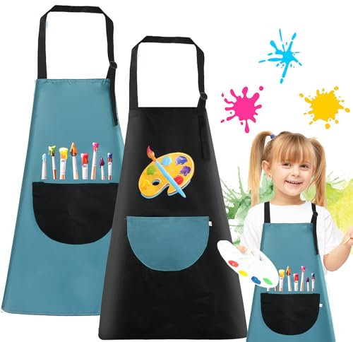 Malschürze Kinder, 2 Stück Wasserdicht Schürze Kinder Schule, Verstellbare Kochschürze Kinder mit Taschen, 60 x 45 cm Kinderschürze für Jungen Mädchen Malen Backen Kochen Basteln (Schwarz, Blau)