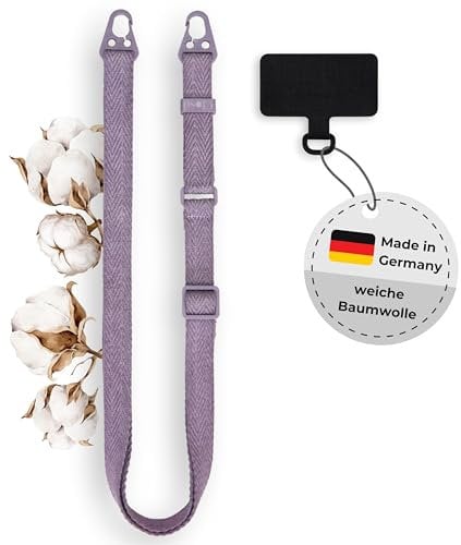 Closd Handykette universal mit Halterung, extra stabil, lavendel, lila, größenverstellbar bis 160cm, Baumwolle, für alle Handymodelle und Hüllen, made in Germany