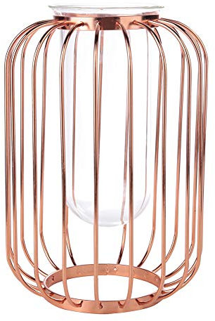 Vase Nordique en Fer forgé en Forme de Lanterne avec Insert en Verre – Vase à Fleurs élégant de Table pour la Décoration de la Maison et du Mariage – Centre de Table pour (Or Rose)