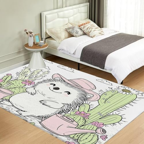 NAWVNMI Kinderzimmerteppich Antirutsch - Waschbar bis 30 Grad - Igel - Kurzflor Kinderteppich Teppich für Kinderzimmer - Igel Pflanze - Teppiche Junge Mädchen 80 x 150 cm