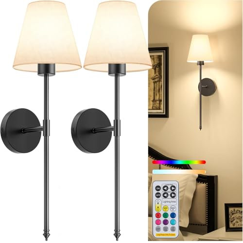 Battery Operated Wall Lights Set of 2, Wireless Wall Sconces with Remote and Dimmable Bulbs, 9 Colors Battery Powered Wall Lights, Rechargeable Wall Lamps for Bedroom Living Room(Black)