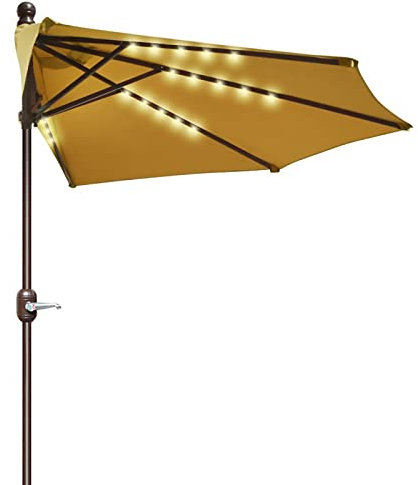 LVSEWOA Gartenschirm, 3 m, halber Gartenschirm für den Außenbereich, Marktschirm mit Solar-LED-Leuchten, geeignet für Gärten, Geschäfte, Terrassen, Strände (Farbe: Braun)