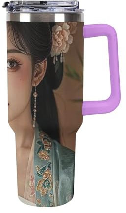 FHESDCW Tang Dynasty Noble Consort Becher mit Griff und Strohhalm, auslaufsicher, großes Fassungsvermögen, Autobecher, Becherhalter, Edelstahl, Reise-Kaffeebecher, hält kalt oder heiß, Violett-Stil