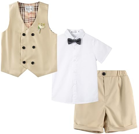 LOLANTA Boys Summer Short Suit, Double-Breasted Waistcoat Set, Kids Birthday Occasionwear, Khaki, 12-13 Years, 170
