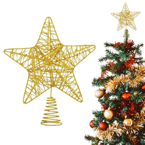 Glittery Xmas Gold Star Christmas Tree Topper - Large Sparkly 3D Plastic Gold Star for Christmas Tree Accessories - Glittered Topper Indoor Xmas Decorations
