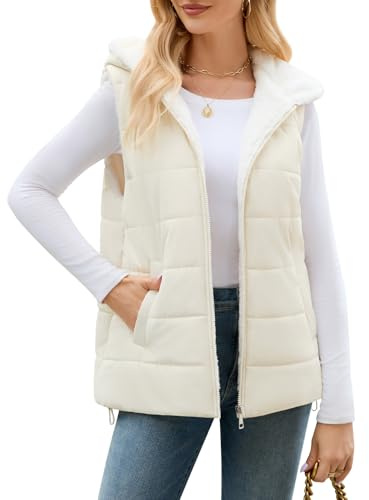 Yuson Girl Gilet For Women UK Quilted Windproof Padded Outerwear Vest Sleeveless Puffy Jacket Hooded Body Warmer Outdoor Waistcoat Lightweight Autumn Winter Coats For Ladies(Light khaki, M)