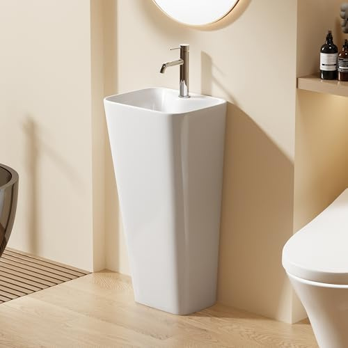DILECI – Lavabo Totem Blanc Rectangulaire et Fin – Lavabo sur Pied Compact – Design Minimaliste pour Salles de Bain, Hôtels, Bars et Espaces Publics – Compatible Robinet Mural – Entretien Facile